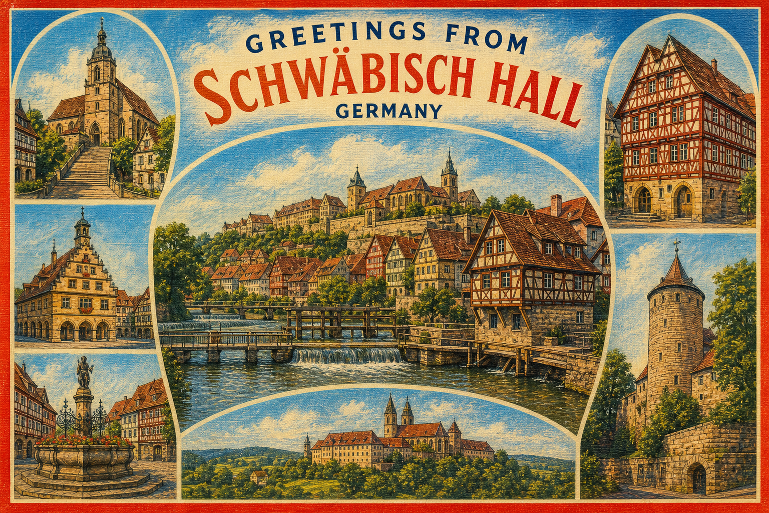 schwaebisch-hall-Germany-postcard - The Travel Bloggers Vintage postcard collage of Schwäbisch Hall, Germany: central riverside town with a stone bridge and timber houses, surrounded by circular insets of a church, a half-timbered building, a fountain statue, towers, and hills, with a 'Greetings from Schwäbisch Hall' banner.