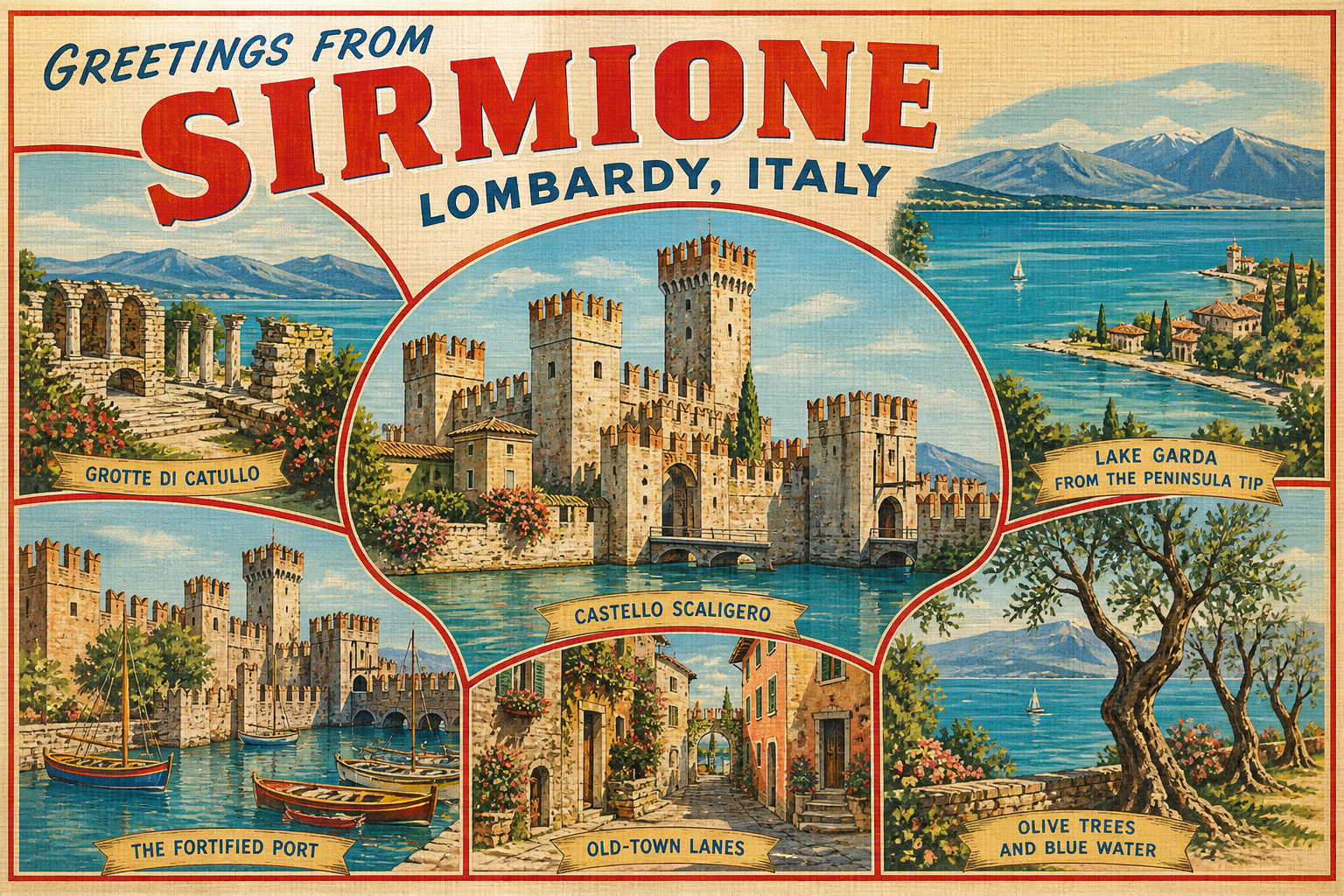 sirmione-Italy-postcard - The Travel Bloggers Vintage travel poster for Sirmione, Lombardy, Italy, featuring Castello Scaligero set on Lake Garda with surrounding scenery and distant mountains.