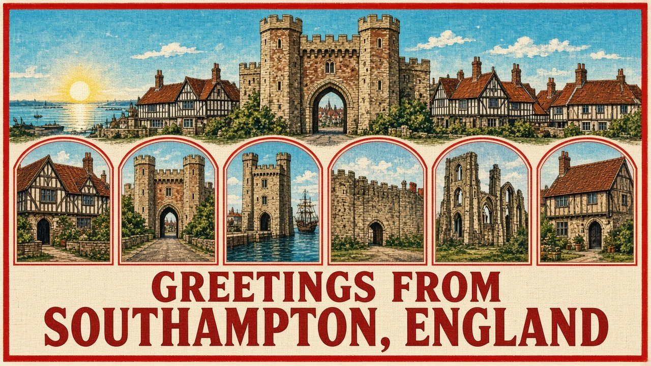 southampton-England-postcard - The Travel Bloggers Vintage-style postcard featuring Southampton landmarks in arches above the bold 'Greetings from Southampton, England' caption.