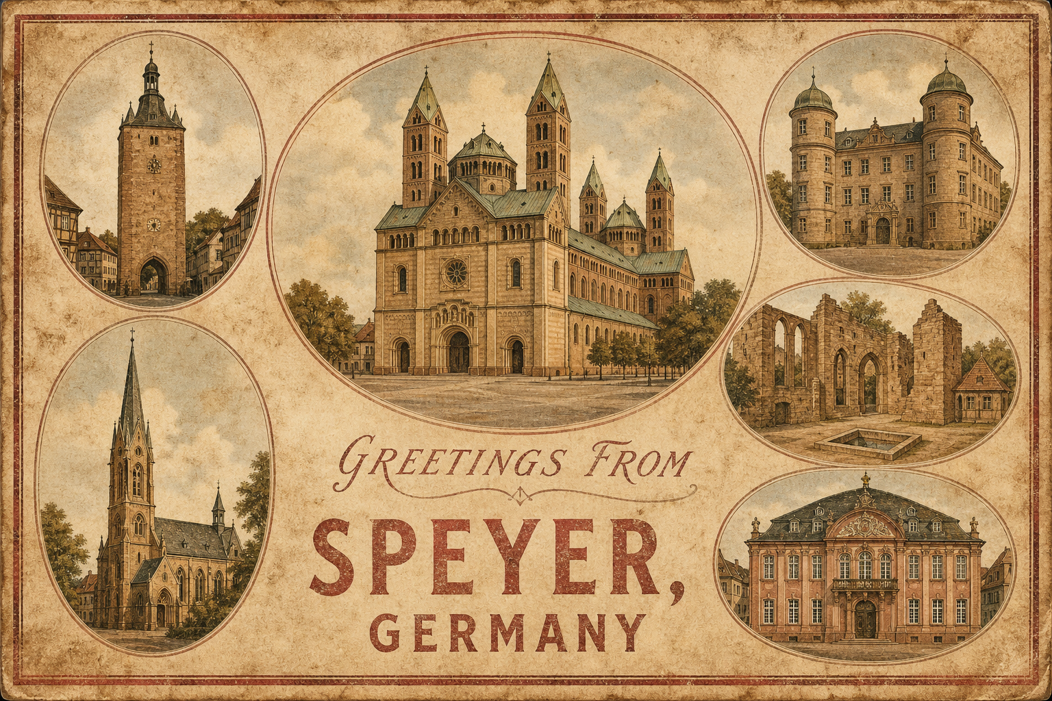 speyer-Germany-postcard - The Travel Bloggers Vintage postcard collage of Speyer, Germany, featuring the cathedral, towers, ruins, and a central 'Greetings from Speyer' message.