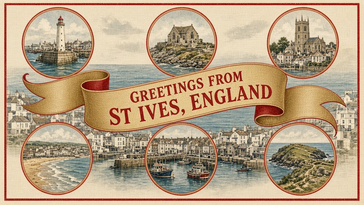 Vintage postcard of St Ives, England, with six circular scenes around a harbor and a gold ribbon reading 'Greetings from St Ives, England'.