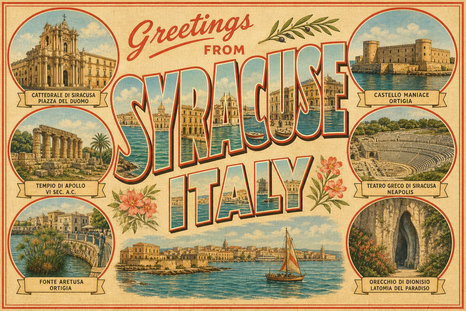 Vintage postcard featuring Syracuse, Italy: central 'Greetings from Syracuse Italy' with circular landmark images around the edges (cathedral, fortress, theater).] _note: remove _