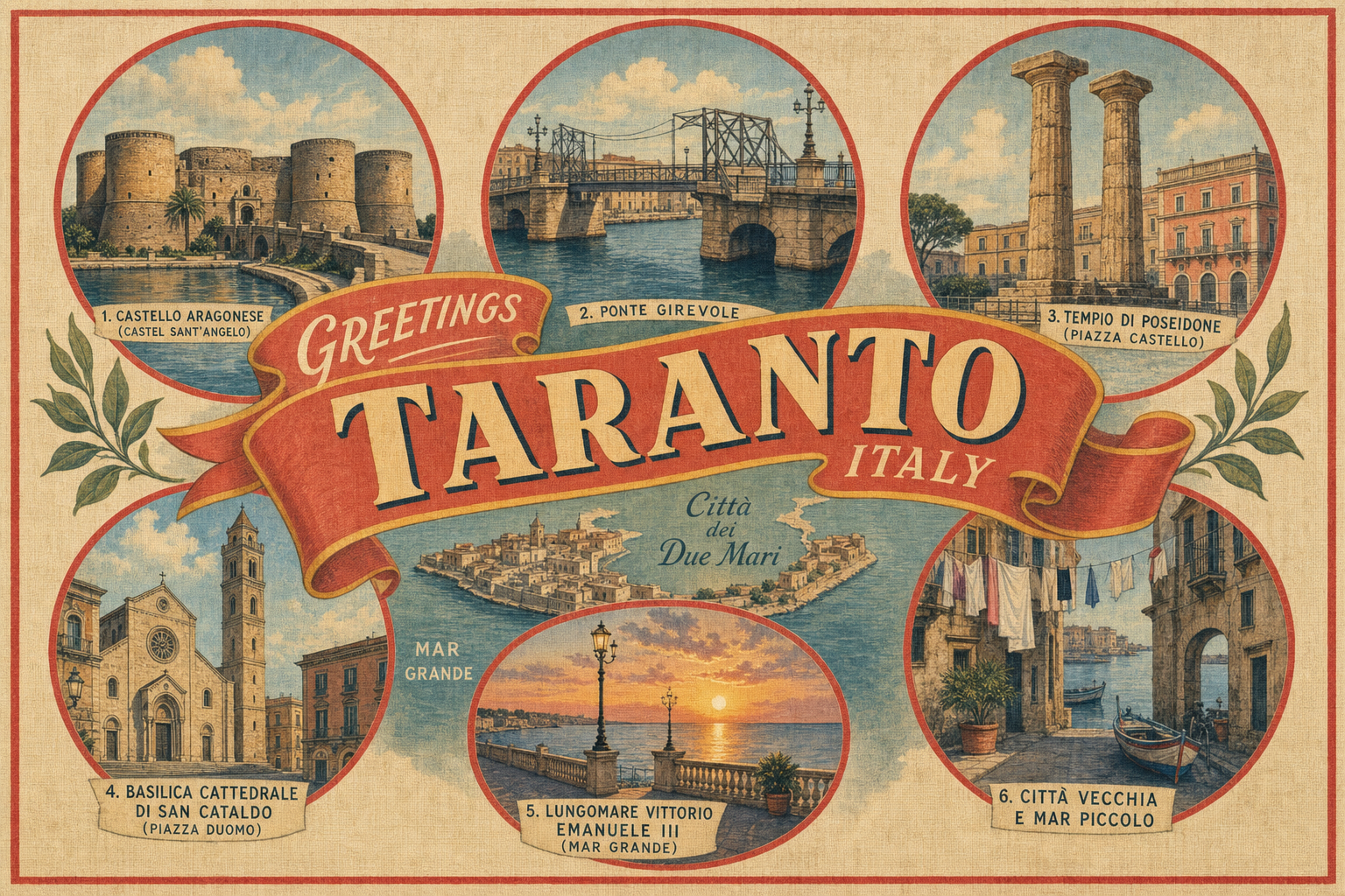 taranto-Italy-postcard - The Travel Bloggers Vintage Taranto postcard collage with six circular photos of landmarks around a red banner reading Taranto, Italy (retro style).