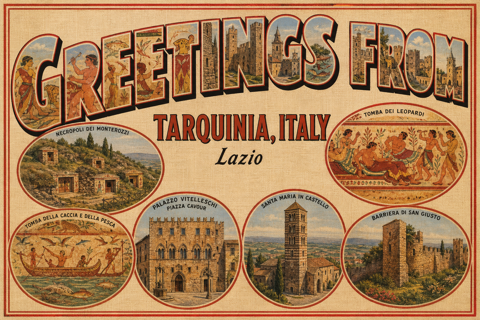 tarquinia-Italy-postcard - The Travel Bloggers Vintage travel poster for Lazio, Italy, with circular illustrations of historic sites (Monterozzi necropolis, Leopardi tomb) and a bold 'Greetings from Tarquinia, Italy' caption to convey travel info and mood.