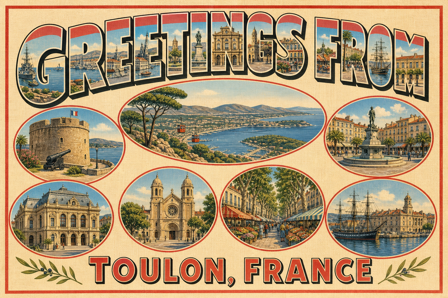 Vintage postcard-style collage for Toulon, France, with oval illustrations of harbor, fort, cathedral, market street, statue plaza, and ships surrounding a central bay scene.