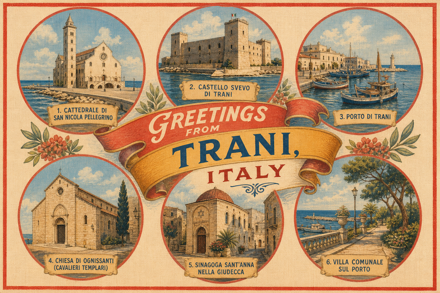 Vintage postcard showing six circular Trani landmarks around a central banner: 'Greetings from Trani, Italy'.