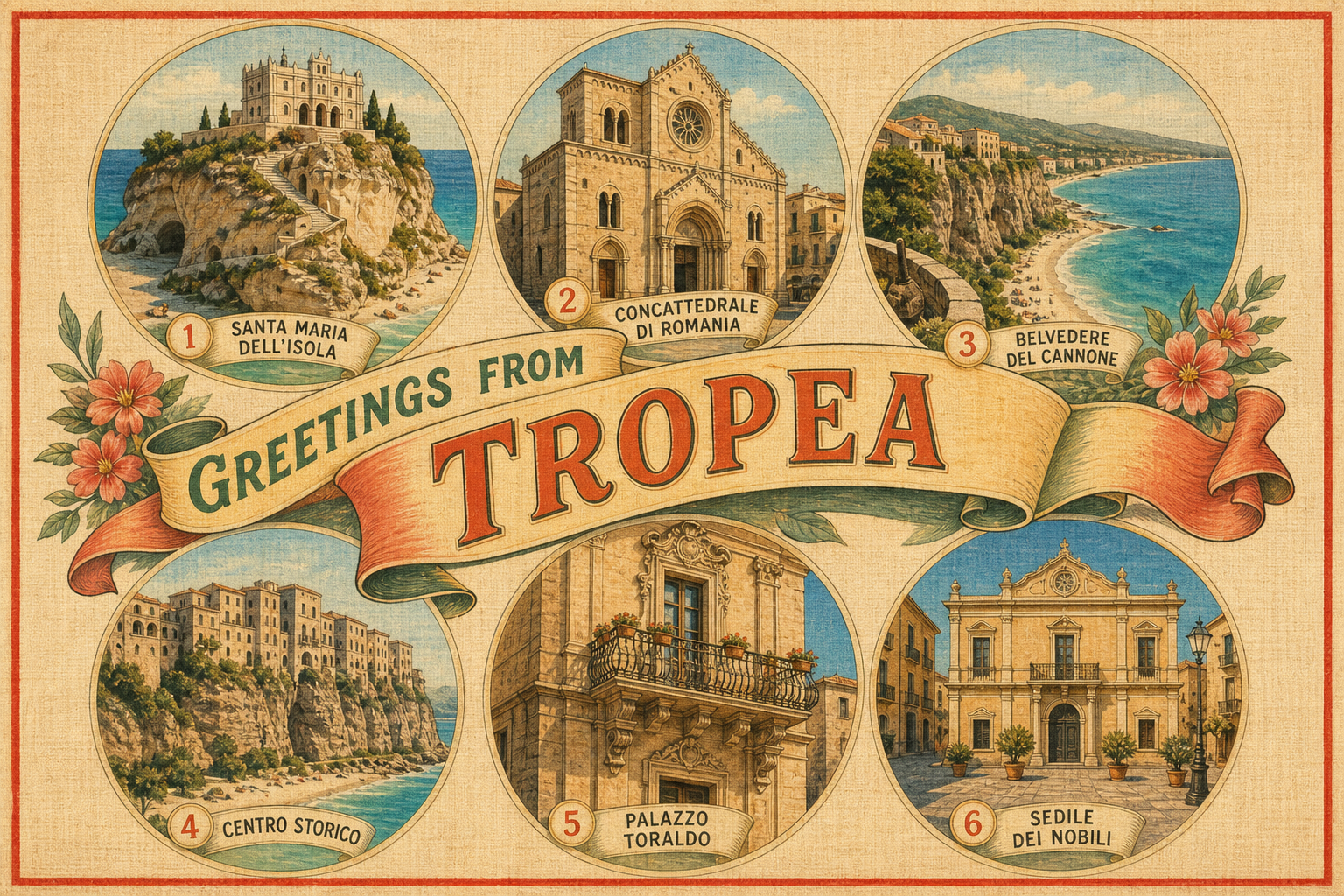 tropea-Italy-postcard - The Travel Bloggers Vintage postcard layout with six circular scenes—Santa Maria dell’Isola, Concattedrale di Romania, Belvedere del Cannone, Centro Storico, Palazzo Toraldo, and Sedile dei Nobili—surrounding a central banner 'Greetings from Tropea'.