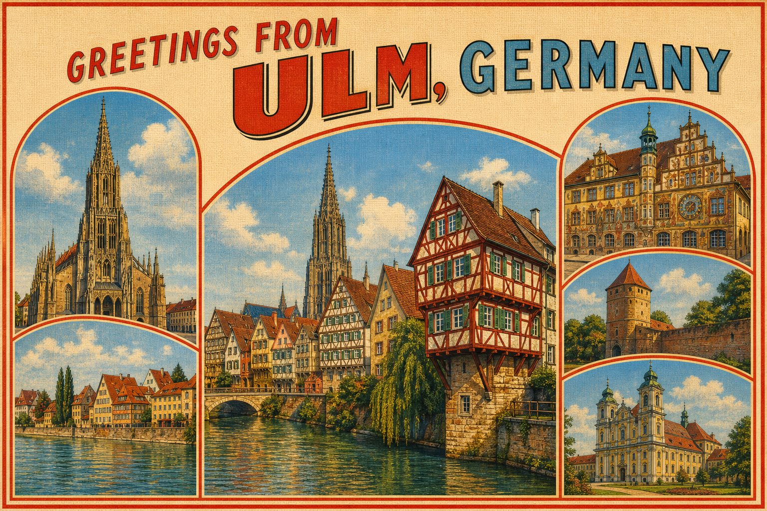 ulm-Germany-postcard - The Travel Bloggers Vintage postcard collage of Ulm, Germany: central riverfront with half-timbered houses; left Gothic cathedral; right ornate town hall; additional inset landmarks include a fortified tower and a twin-spired church.