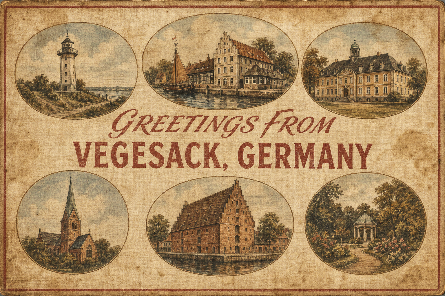 Vintage postcard with six oval Vegesack landmarks surrounding the greeting 'Greetings from Vegesack, Germany'.