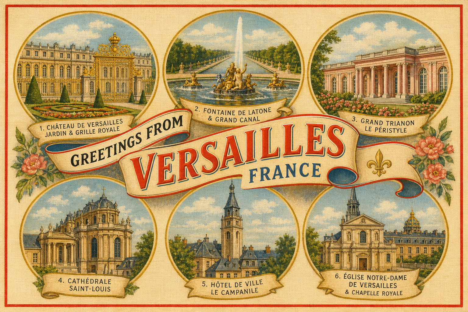 versailles-France-postcard - The Travel Bloggers Vintage postcard collage of Versailles landmarks with a central 'Greetings from Versailles, France' banner and floral accents.
