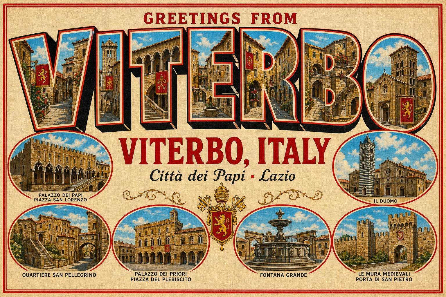 viterbo-Italy-postcard - The Travel Bloggers Vintage postcard-style greeting from Vittor bo, Italy featuring illustrations of Viterbo’s landmarks like Palazzo dei Papi and Il Duomo