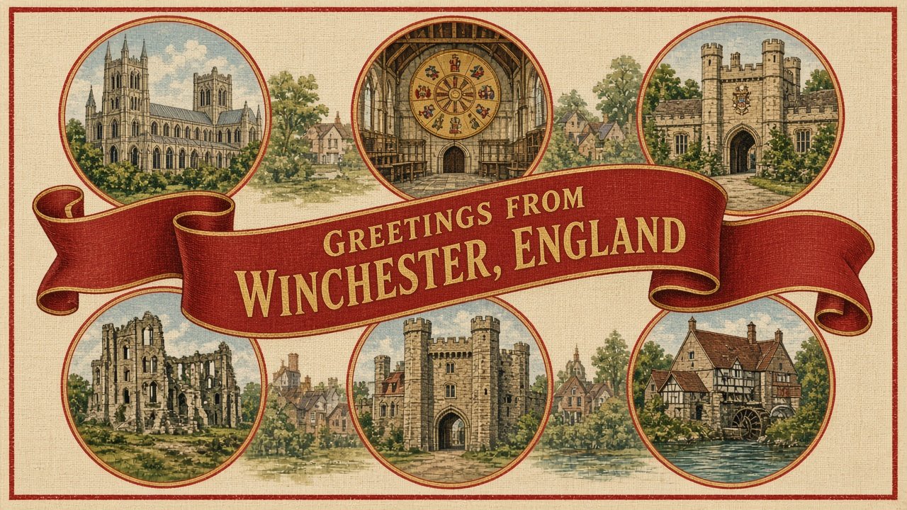Vintage postcard showing Winchester landmarks around a central red ribbon reading 'Greetings from Winchester, England'.