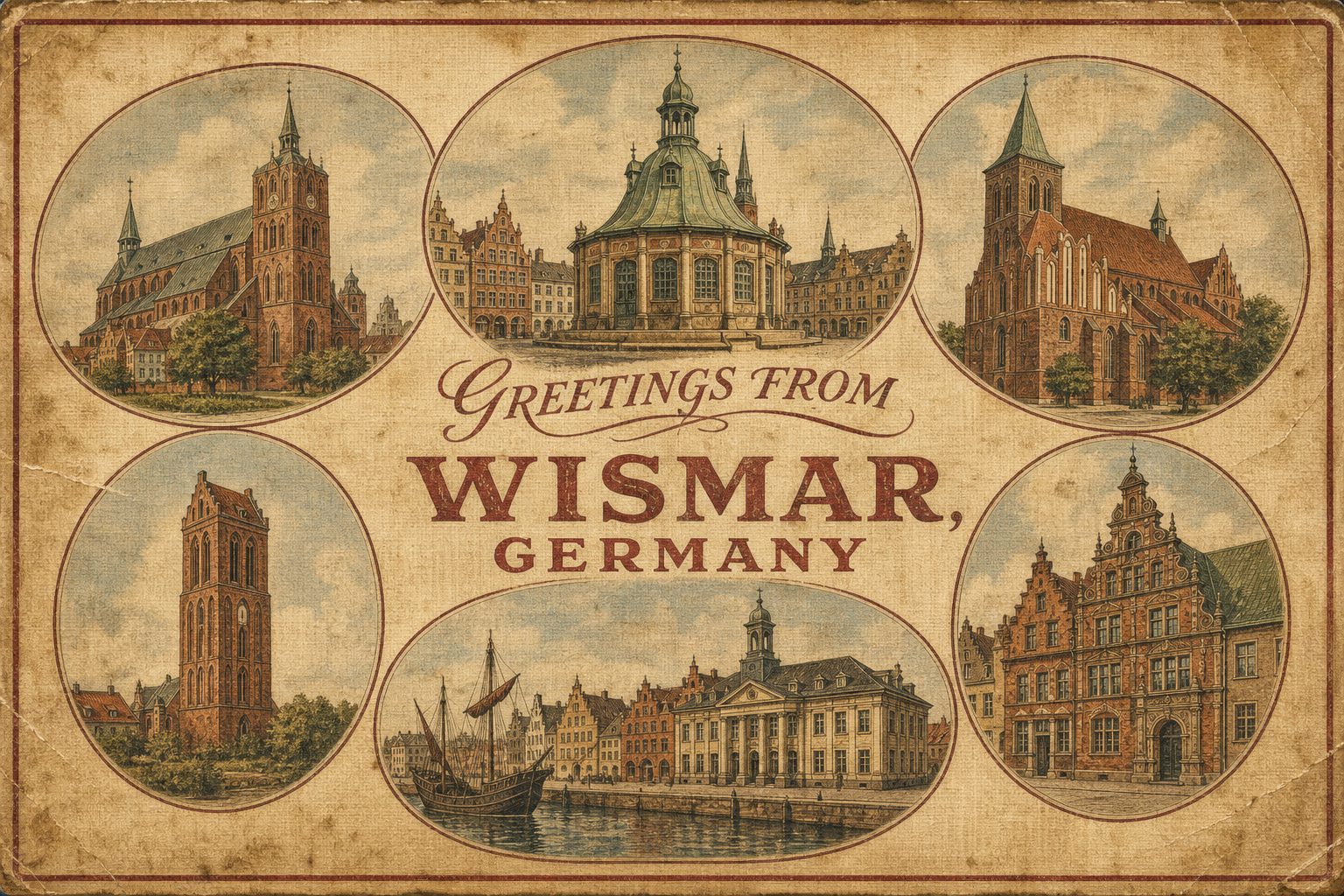 Vintage postcard showing six circular illustrations of Wismar landmarks around a central banner reading 'Greetings from Wismar, Germany'.