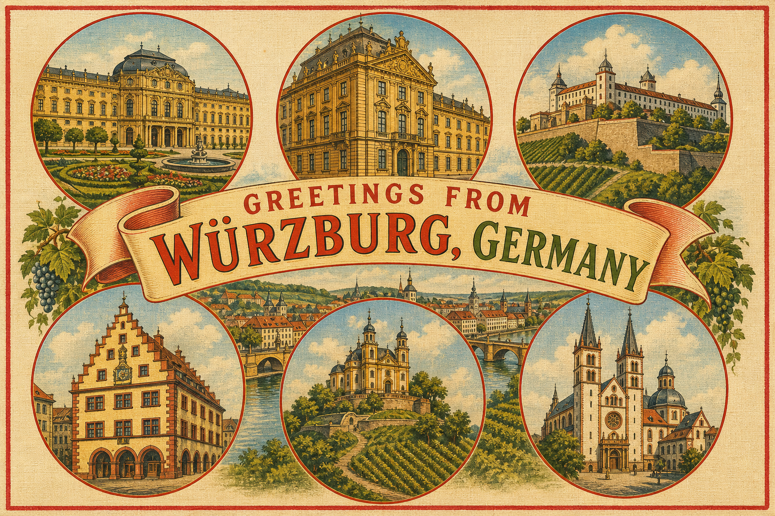 wuerzburg-Germany-postcard - The Travel Bloggers Vintage postcard collage with a banner reading 'Greetings from Würzburg, Germany' surrounded by circular illustrations of Würzburg landmarks.